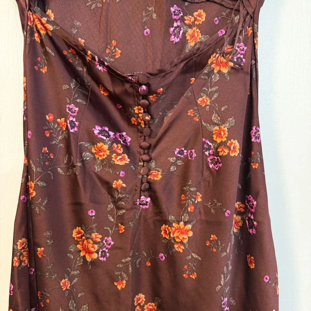 Free People Morning Dove Floral Lace Trim Satin Maxi Dress Brown Womens Medium M